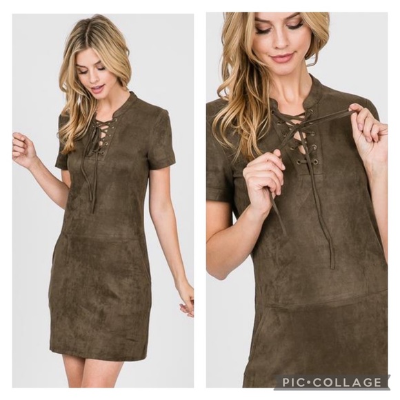 GUC Paper Crane Front Lace Up Faux Suede Dress - Picture 2 of 14